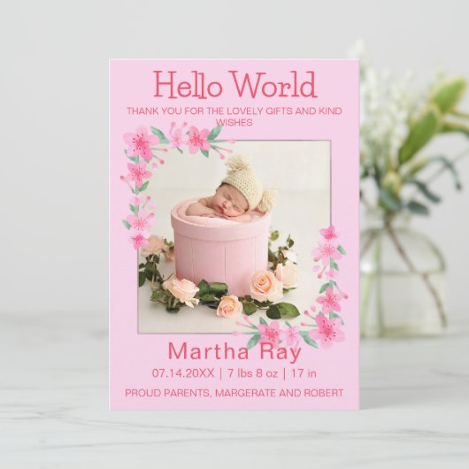 Blush Foto Welkomend Newborn Baby Girl Birth Stat Feestdagenkaart (Staand voorkant)