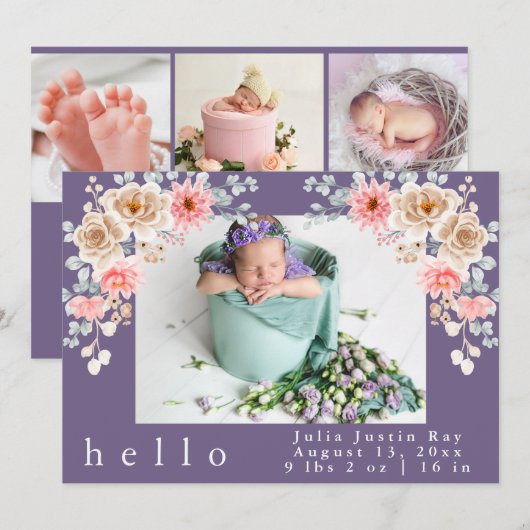 Blush Foto Welkomend Newborn Baby Girl Birth Stat Kaart (Voorkant / Achterkant)