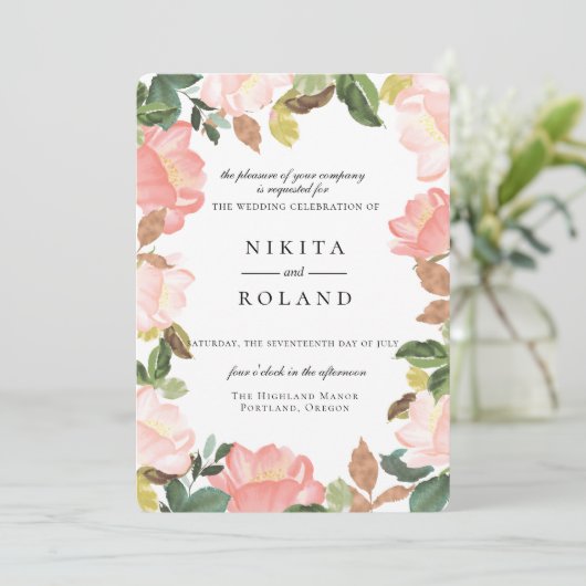 Blush Garden Floral bruiloft uitnodiging (Staand voorkant)