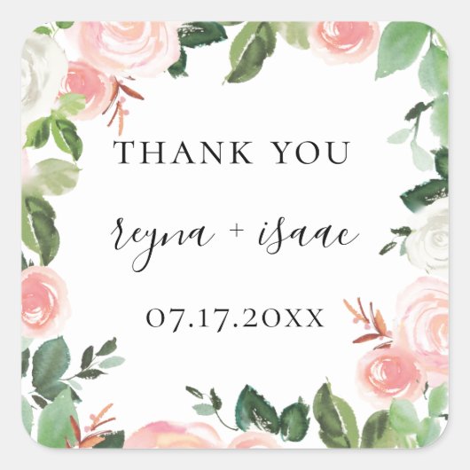 Blush Garden Floral Lijst Trouwgunst Vierkante Sticker (Voorkant)