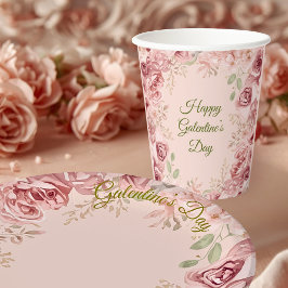 Blush Garden Roses Galentine Brunch Table Florals Papieren Bekers