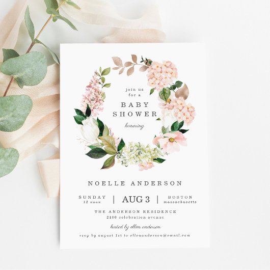 Blush Garden Spring Wreator Baby shower Invitation Kaart