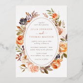 Blush gebrande Sinaasappel Bloemen Foliage Wedding Folie Uitnodiging (Voorkant)