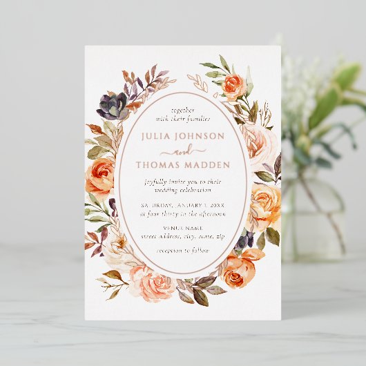 Blush gebrande Sinaasappel Bloemen Foliage Wedding Folie Uitnodiging (Staand Voorkant)