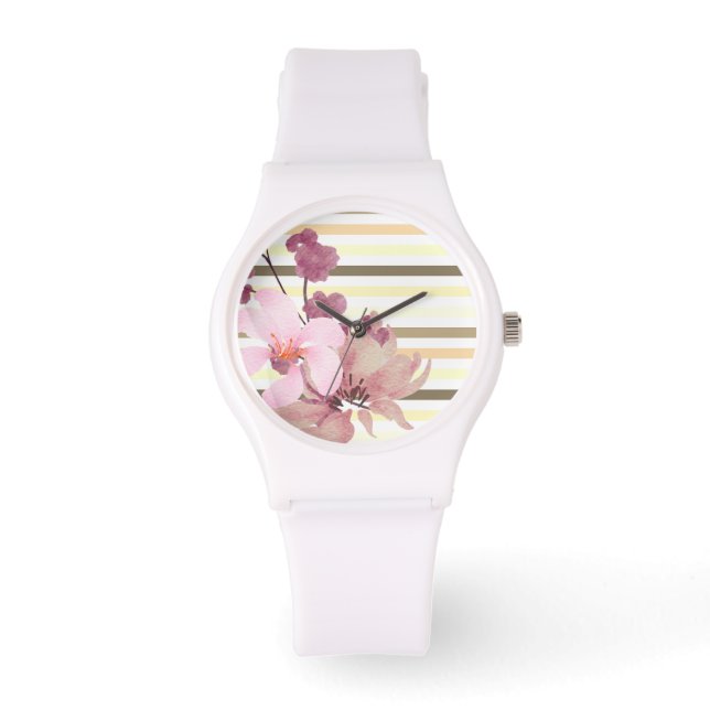  Blush gekleurde Floral Striped Horloge (Voorkant)