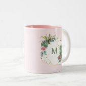 Blush Geometrische Cactus met Monogram Tweekleurige Koffiemok (Voorkant rechts)
