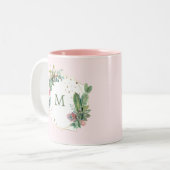 Blush Geometrische Cactus met Monogram Tweekleurige Koffiemok (Voorkant links)