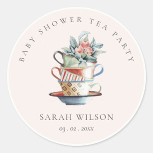 Blush Gestapelde bekers Floral Baby shower Tea Par Ronde Sticker