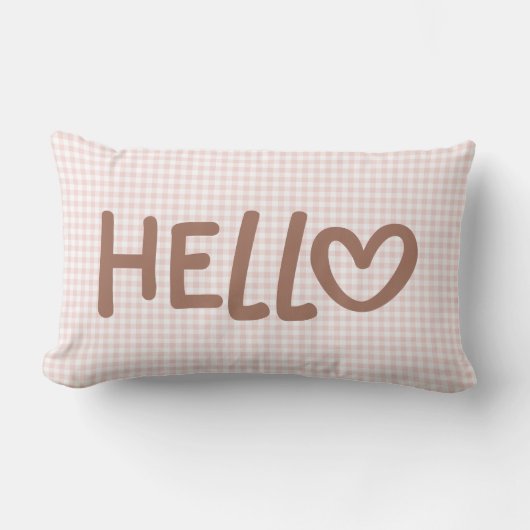 Blush Gingham Mocha Whimsical Heart Hello Kussen (Voorkant)