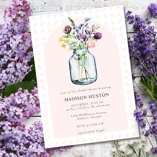 Blush Gingham & Wildflower Mason Jar Vrijgezellenf Kaart