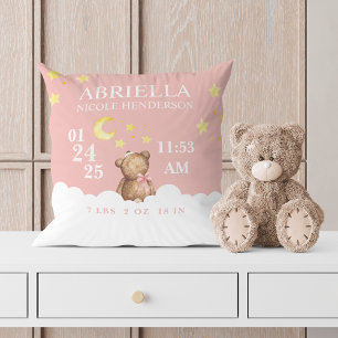 Blush Girl Teddy Bear Birth Stats Nursery Pillow Kussen