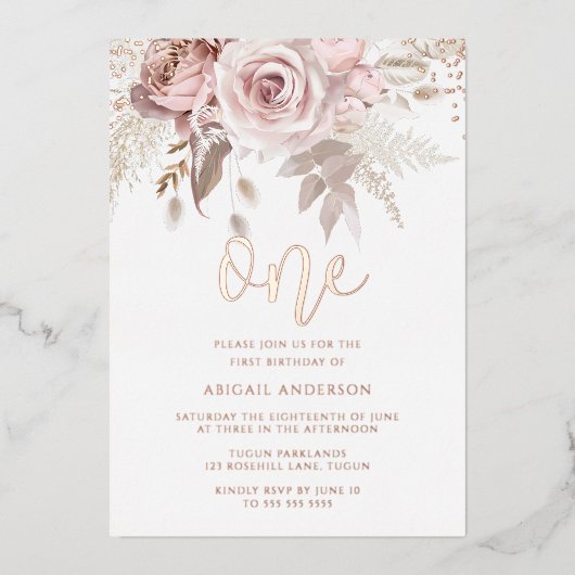 Blush Girls 1e verjaardag Roos Gold Folie Uitnodiging (Voorkant)