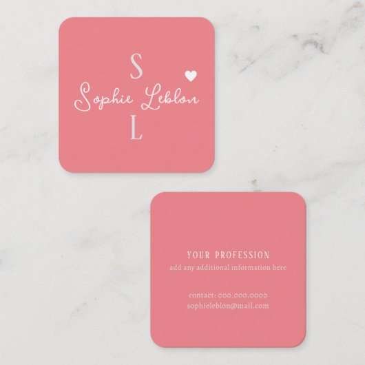 Blush Girly Calligrafie Romantisch Monogram Vierkante Visitekaartje (Voorkant / Achterkant)