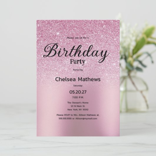 Blush girly roze gradiënt glitter Verjaardagsfeest Kaart (Staand voorkant)