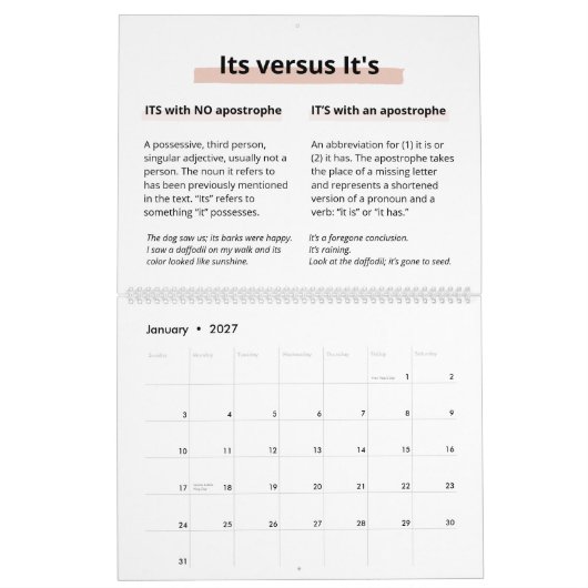 Blush Glitter Boss Lady CEO Monogram Spelling Kalender (Jan 2027)