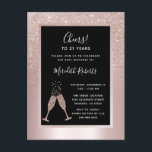 Blush Glitter Champagne Toast 21st Birthday Party Uitnodiging Briefkaart<br><div class="desc">Op een achtergrond van wazige, roze metalen folie, biedt onze elegante uitnodiging van de 21ste verjaardag van de verjaardag een vrouwelijke, blote glitter ombre bekleding met een borrelende champagnebril die de 21ste verjaardag van de feestdag uitbrak. In een zwart lijst met een stompzinnige foliegrens, zult u de tekst van de...</div>