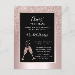 Blush Glitter Champagne Toast 21st Birthday Party Uitnodiging Briefkaart