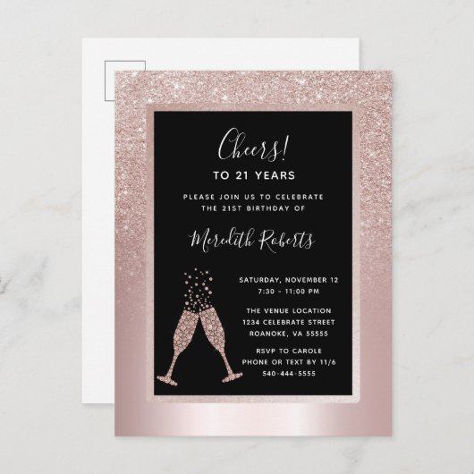Blush Glitter Champagne Toast 21st Birthday Party Uitnodiging Briefkaart (Voorkant / Achterkant)
