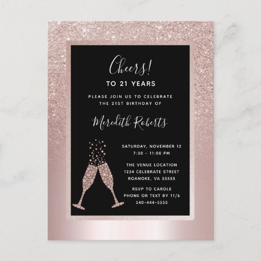 Blush Glitter Champagne Toast 21st Birthday Party Uitnodiging Briefkaart (Voorkant)