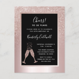 Blush Glitter Champagne Toast 30th Birthday Party Uitnodiging Briefkaart