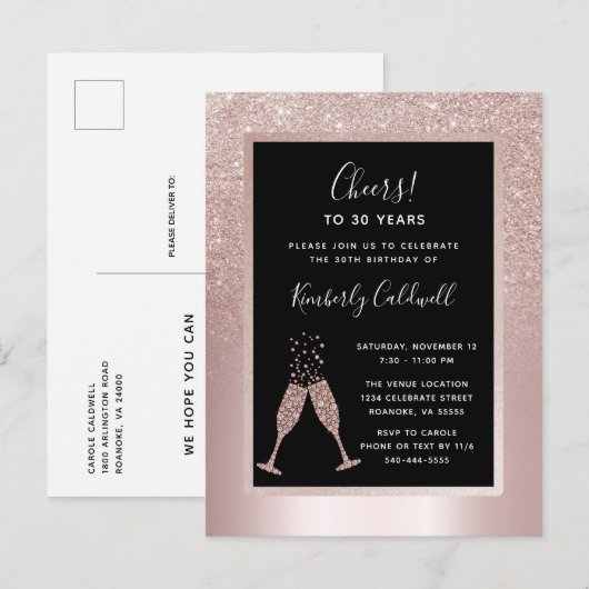 Blush Glitter Champagne Toast 30th Birthday Party Uitnodiging Briefkaart (Voorkant / Achterkant)