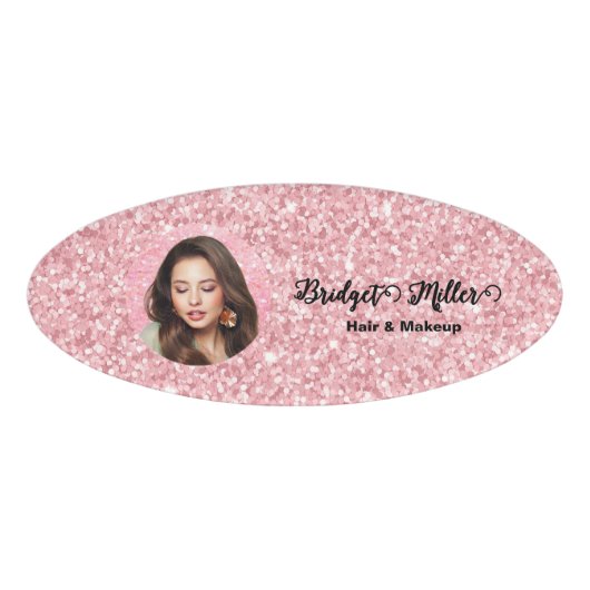Blush Glitter hair salon elegant script photo Naambadge (Voorkant)