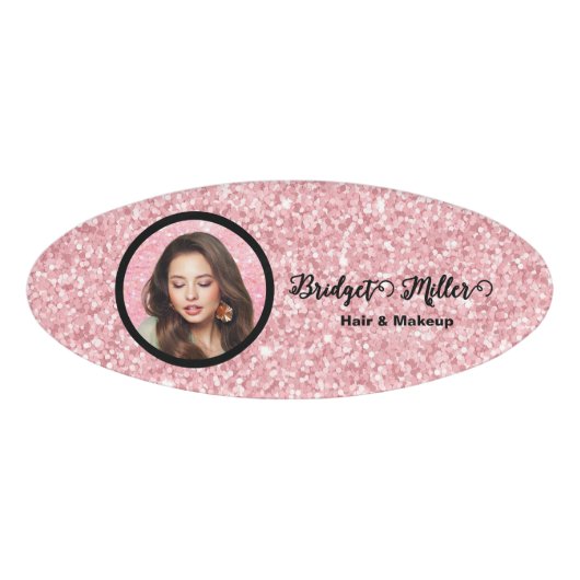 Blush Glitter hair salon elegant script photo Naambadge (Voorkant)