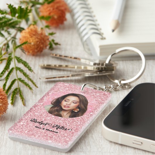 Blush Glitter hair salon elegant script photo Sleutelhanger (Voorkant Rechts)