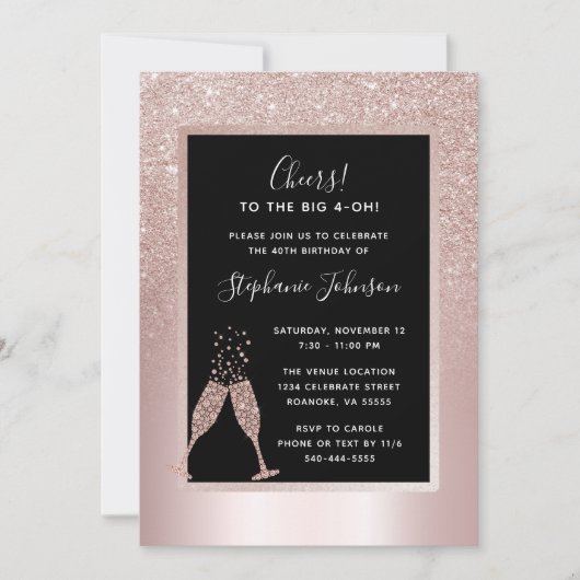 Blush Glitter Ombre 40th Birthday Party Invitation (Voorkant)