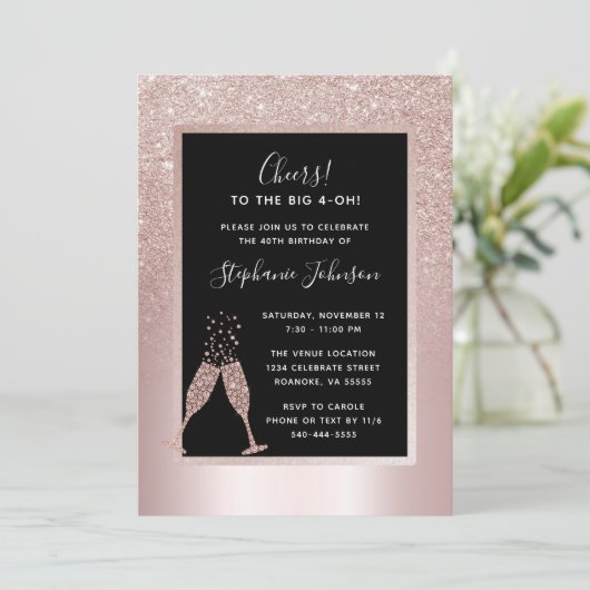 Blush Glitter Ombre 40th Birthday Party Invitation (Staand voorkant)