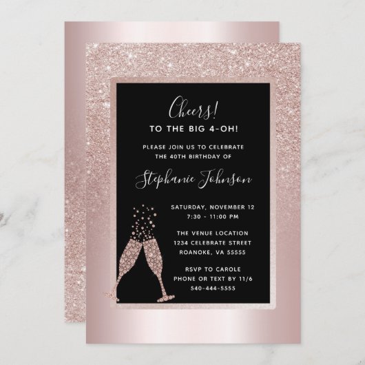 Blush Glitter Ombre 40th Birthday Party Invitation (Voorkant / Achterkant)