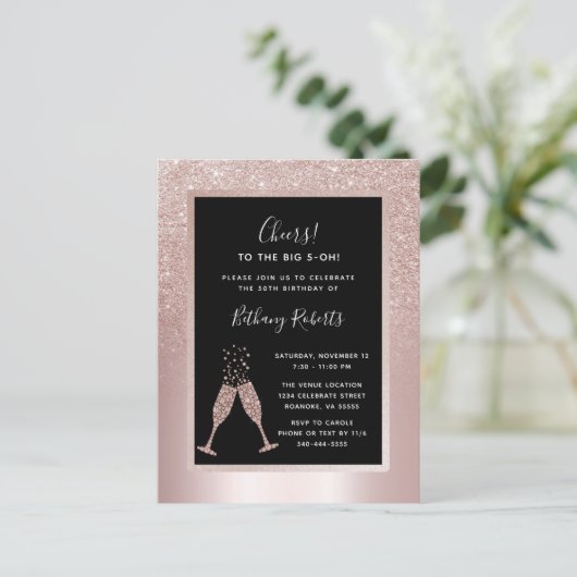 Blush Glitter Ombre 50th Birthday Party Uitnodiging Briefkaart (Staand voorkant)
