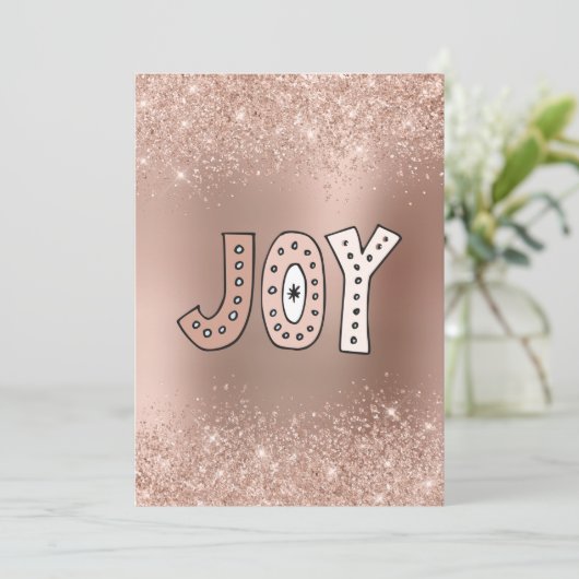 Blush Glitter Roos Gold Foil Joy Holiday Card Feestdagenkaart (Staand voorkant)