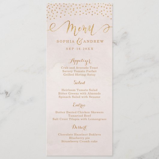 Blush glitter roos gouden kalligrafie bruiloft men menu (Voorkant)