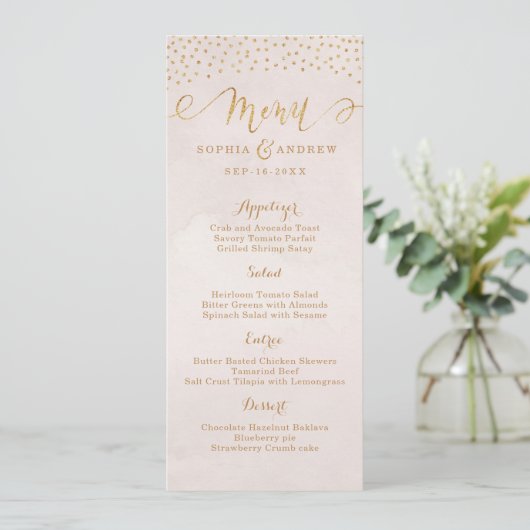 Blush glitter roos gouden kalligrafie bruiloft men menu (Staand voorkant)