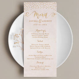 Blush glitter roos gouden kalligrafie bruiloft men menu