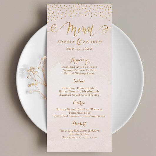 Blush glitter roos gouden kalligrafie bruiloft men menu