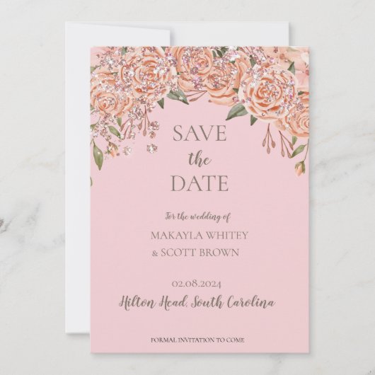 Blush Glittery Floral Save-the-Date Uitnodiging (Voorkant)