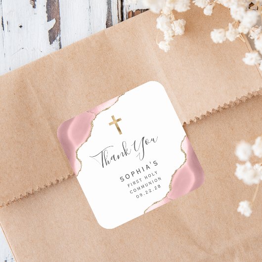 Blush Gold Agaat Eerste Heilige Communie Dank u Vierkante Sticker