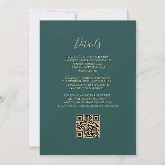 Blush Gold Agaat Emerald Green QR Code Wedding Kaart (Achterkant)