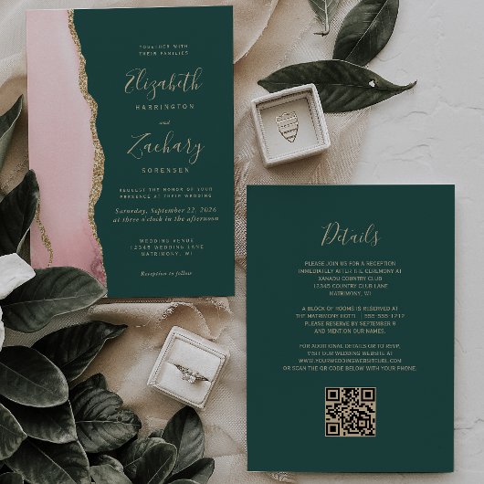 Blush Gold Agaat Emerald Green QR Code Wedding Kaart