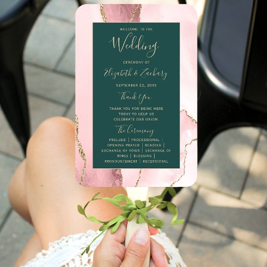 Blush Gold Agaat Emerald Green Wedding Programma Handwaaier