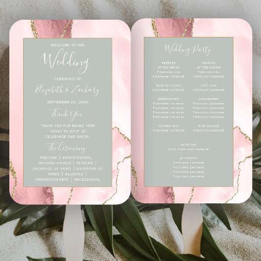 Blush Gold Agate Bleek Sage Green Wedding Program Handwaaier