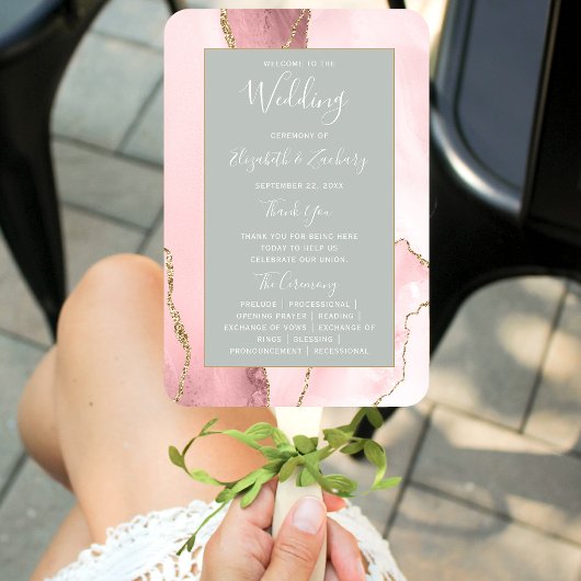 Blush Gold Agate Bleek Sage Green Wedding Program Handwaaier