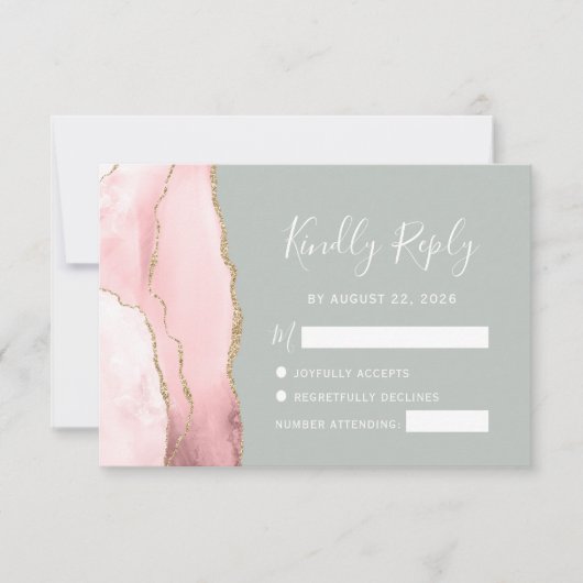 Blush Gold Agate Bleek Sage Green Wedding RSVP Kaa (Voorkant)