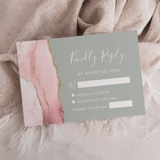 Blush Gold Agate Bleek Sage Green Wedding RSVP Kaa