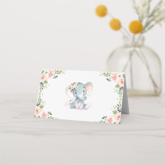 Blush Gold Bloemen Olifant Baby Meisje Verjaardag Plaatskaartje (Achterkant)