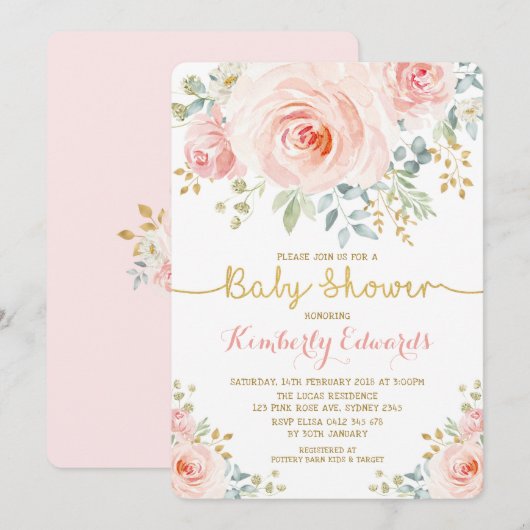 Blush Gold Bloemen Roos Meisje Baby shower Kaart (Voorkant / Achterkant)