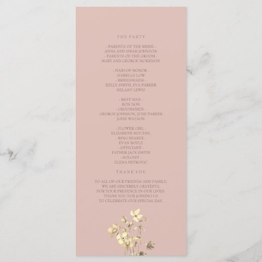 Blush Gold Bloemen Trouwprogramma Programmakaart (Achterkant)