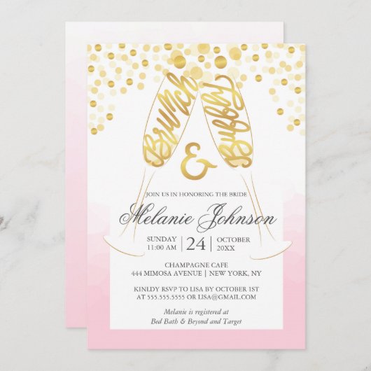 Blush Gold bruids brunch en bubbels uitnodiging (Voorkant / Achterkant)